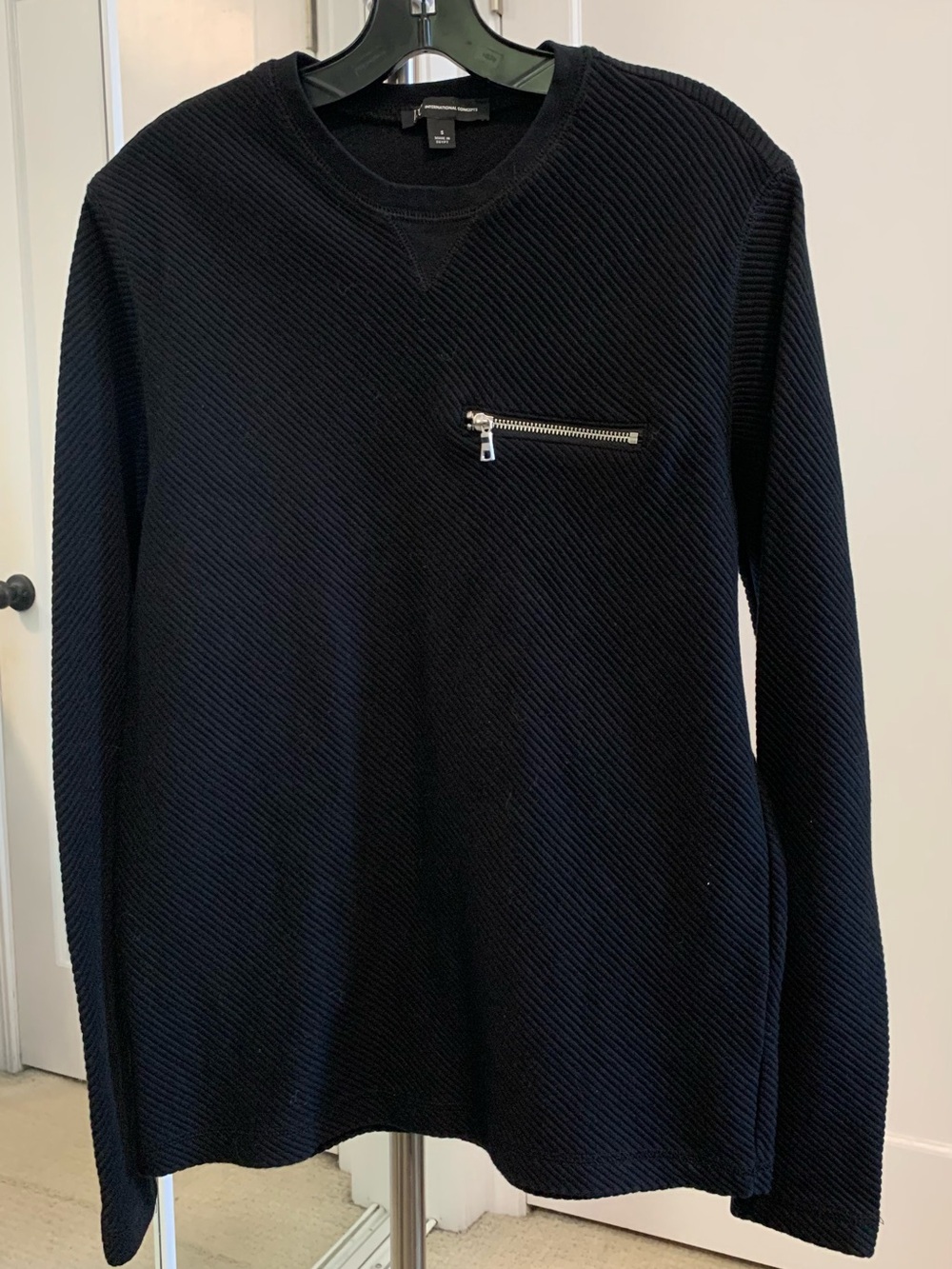 INC International Concept Black Textured Crewneck Sweater w/ Zip Faux Pocket, Sm